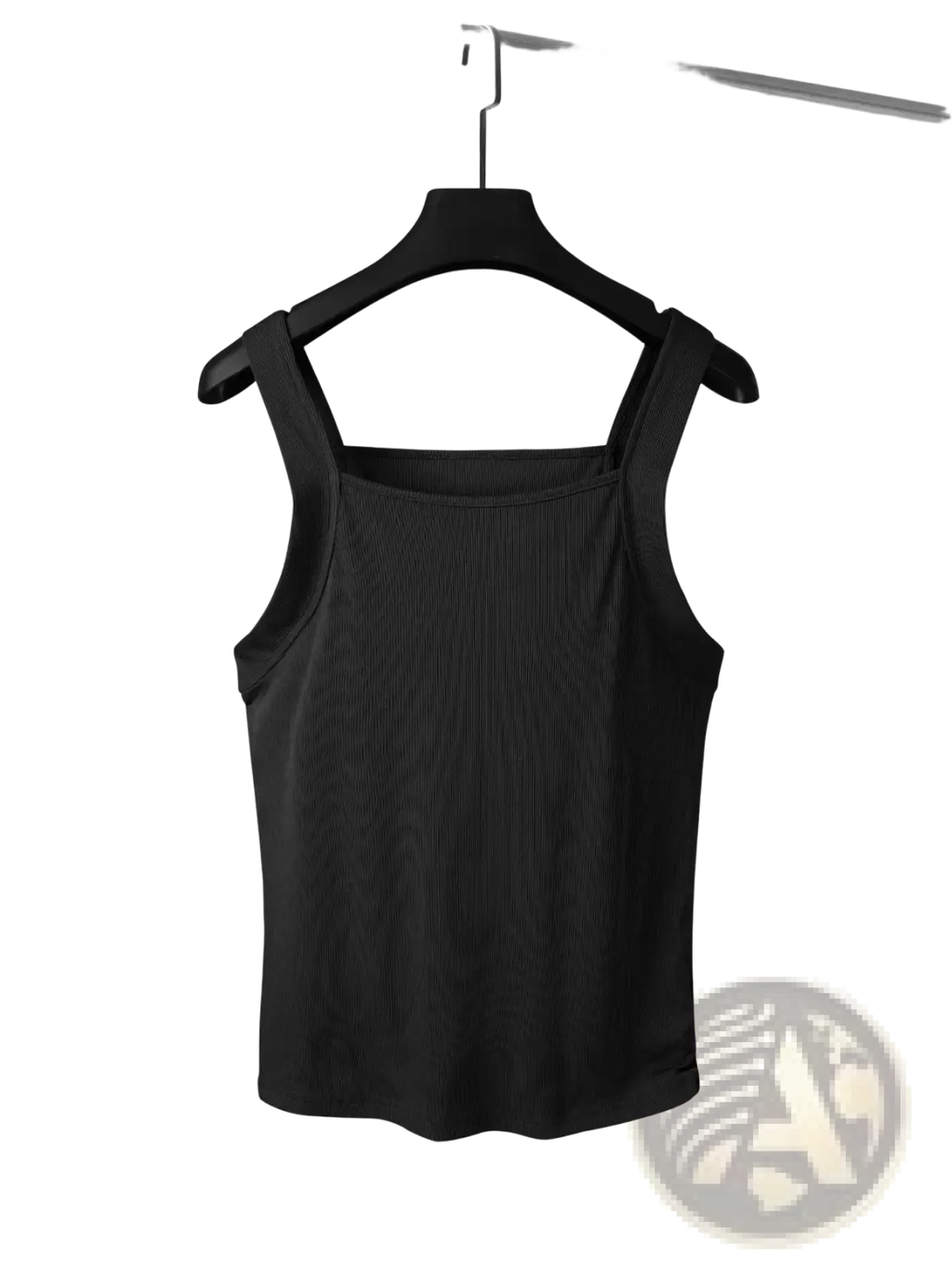 Men’s black ribbed tank top with square neckline and thin straps made from soft stretch fabric for casual wear
