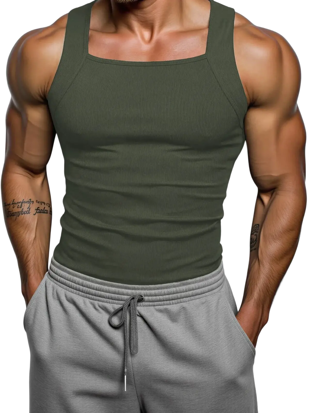 Men’s olive green ribbed tank top with square neckline and fitted design made from soft stretch fabric