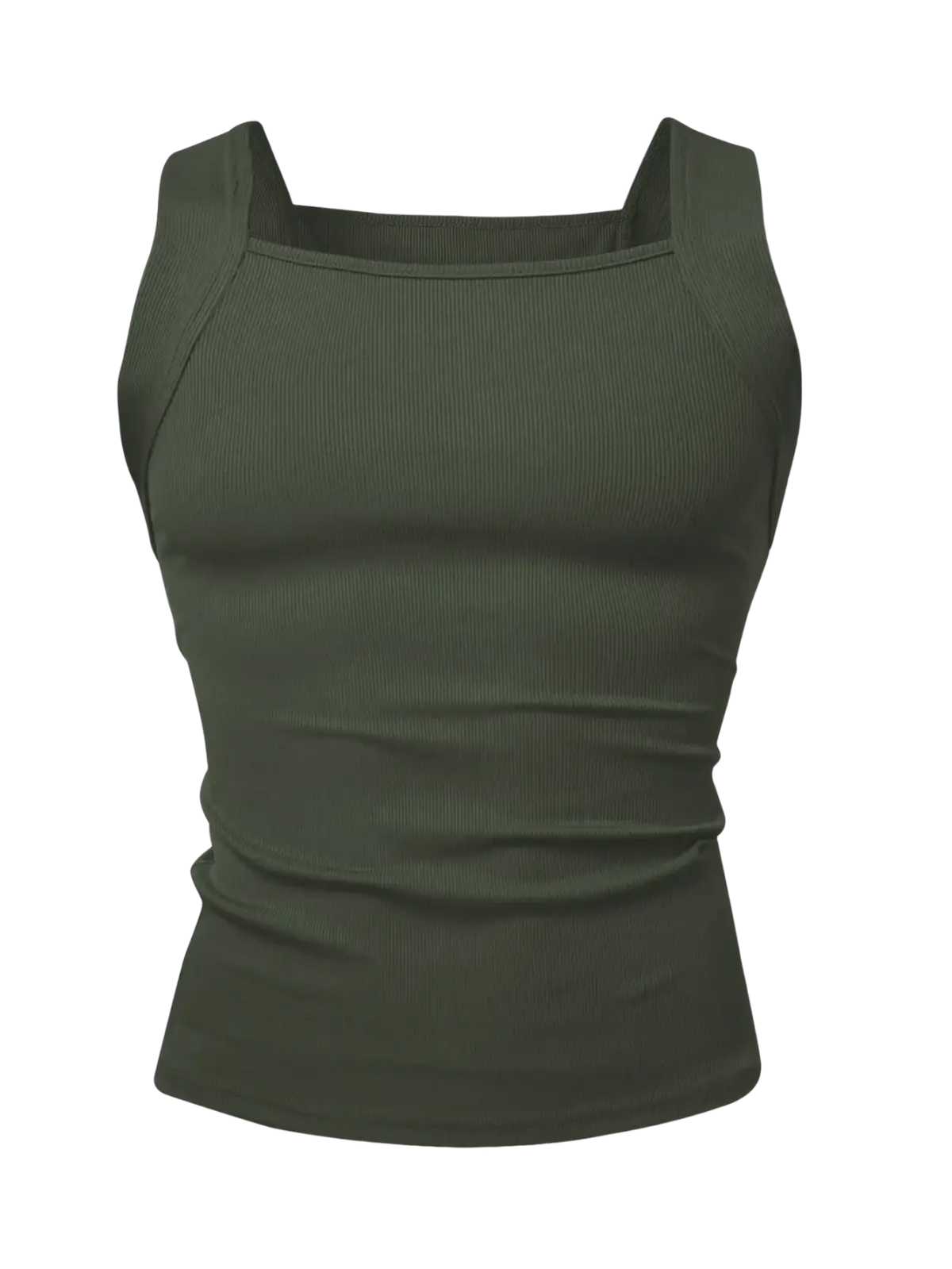 Men’s olive green ribbed knit sleeveless tank top with square neckline made from soft breathable fabric