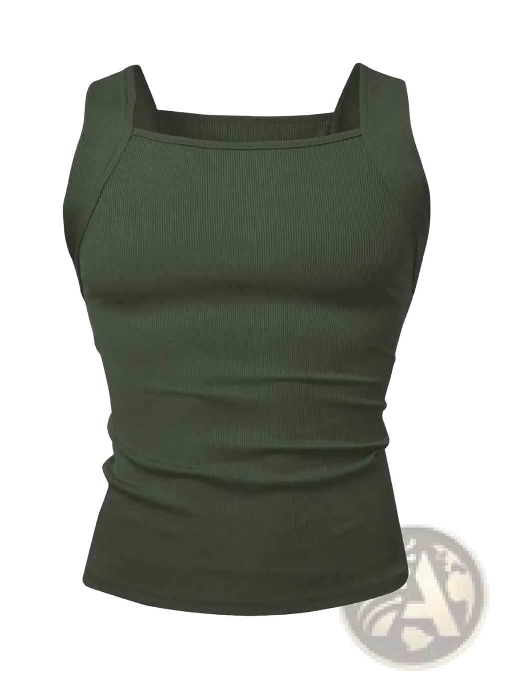 Men’s olive green ribbed knit sleeveless tank top with square neckline made from soft breathable fabric