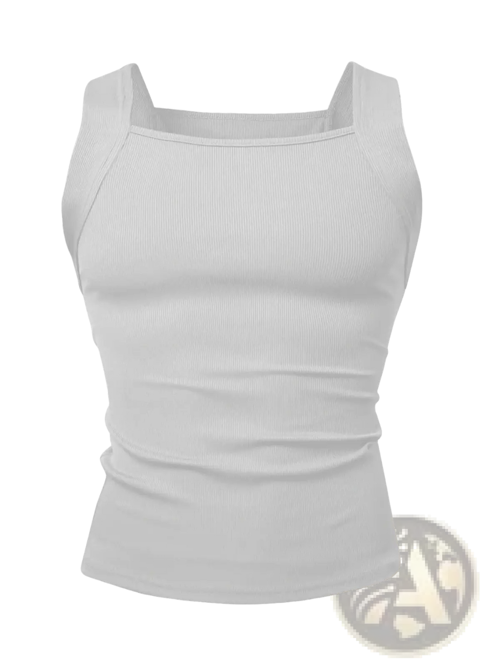 Men’s white ribbed tank top with square neckline and fitted silhouette made from soft stretchy fabric