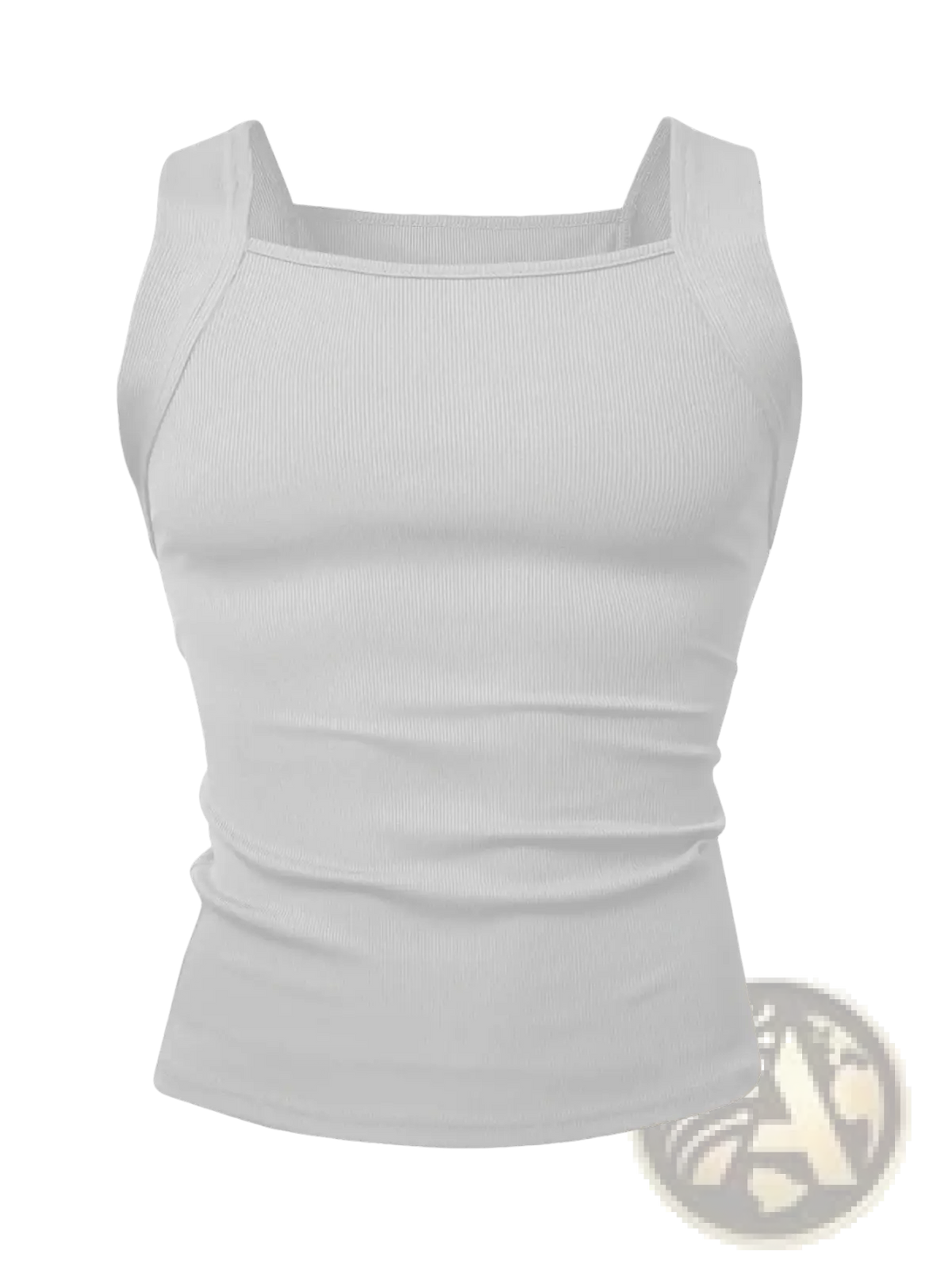 Men’s white ribbed tank top with square neckline and fitted silhouette made from soft stretchy fabric