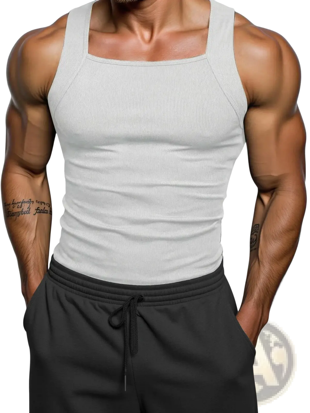 White ribbed cotton men’s tank top with square neckline and fitted design for casual summer wear