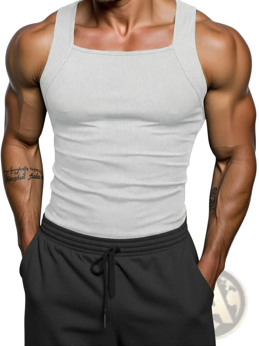 Men’s white ribbed tank top with square neck made of soft cotton perfect for casual wear