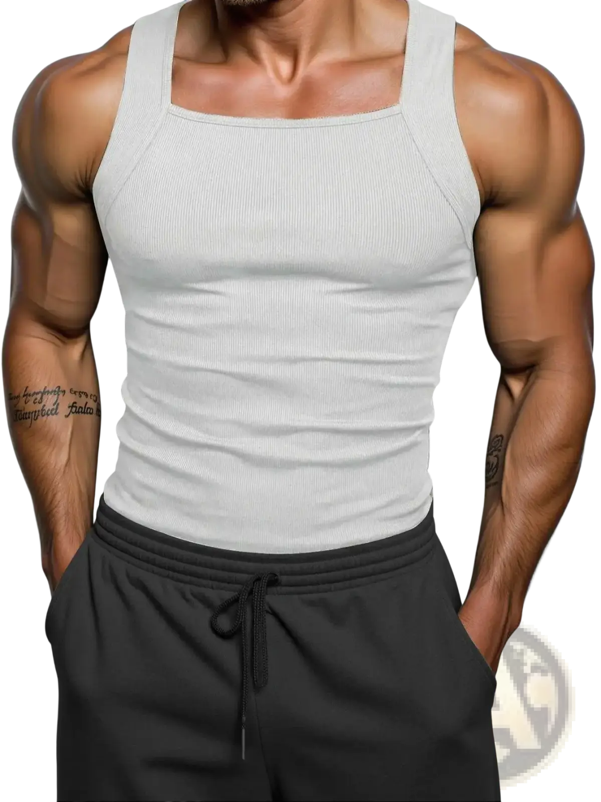 Men’s white ribbed tank top with square neck made of soft cotton perfect for casual wear