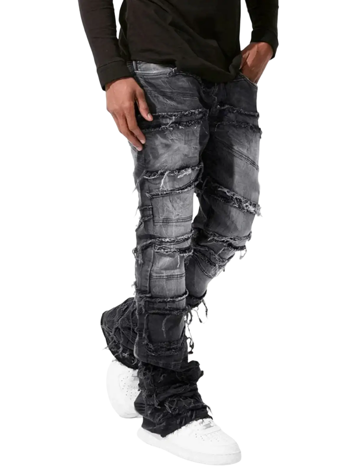 Men’s black distressed denim jeans with layered frayed patches and ripped design for streetwear style
