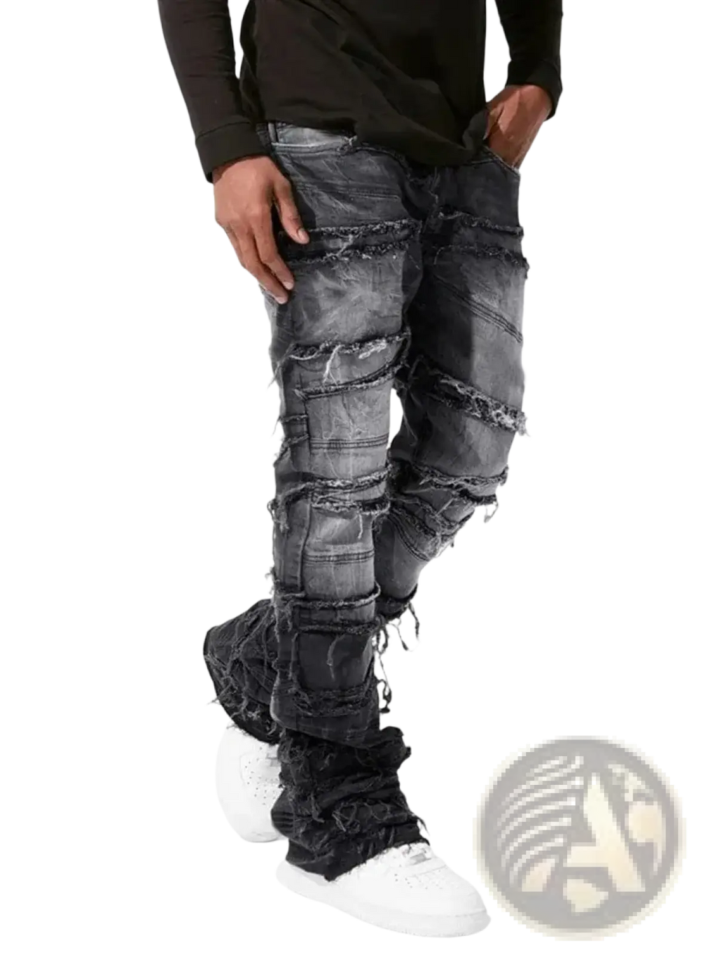 Men’s black distressed denim jeans with layered frayed patches and ripped design for streetwear style
