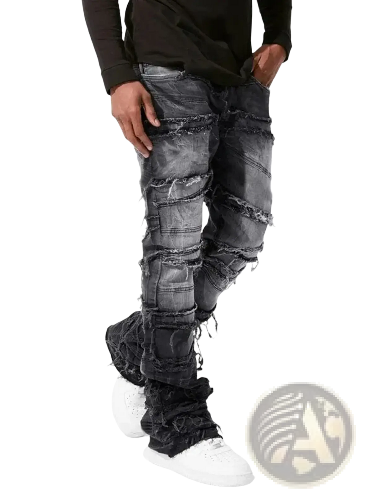 Men’s black distressed denim jeans with layered frayed patches and ripped design for streetwear style