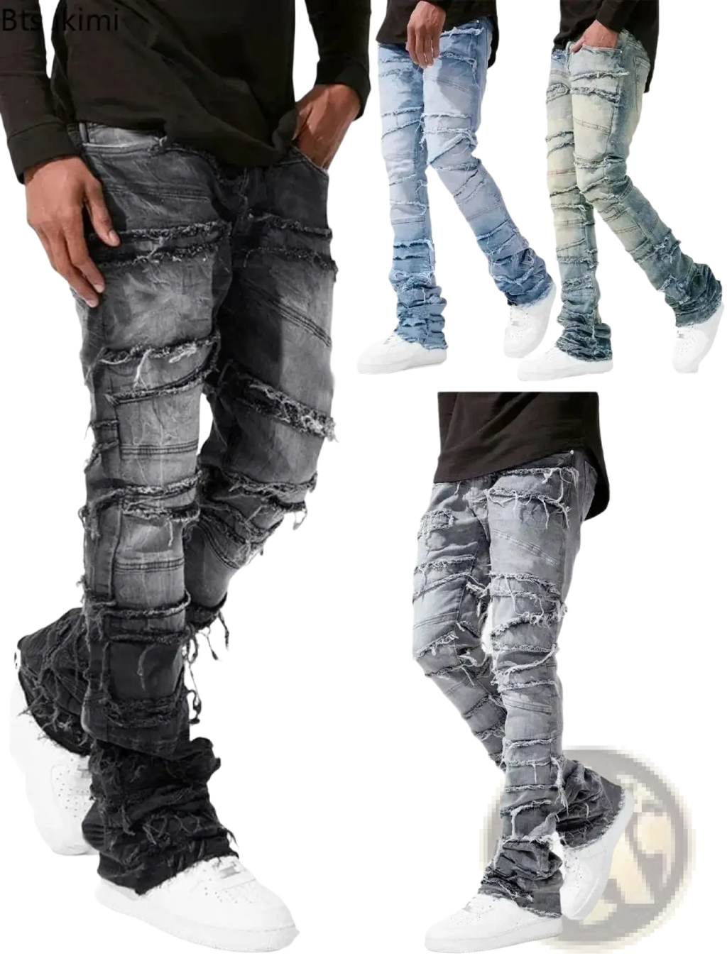 Men’s black distressed denim jeans featuring ripped and frayed details ideal for streetwear fashion