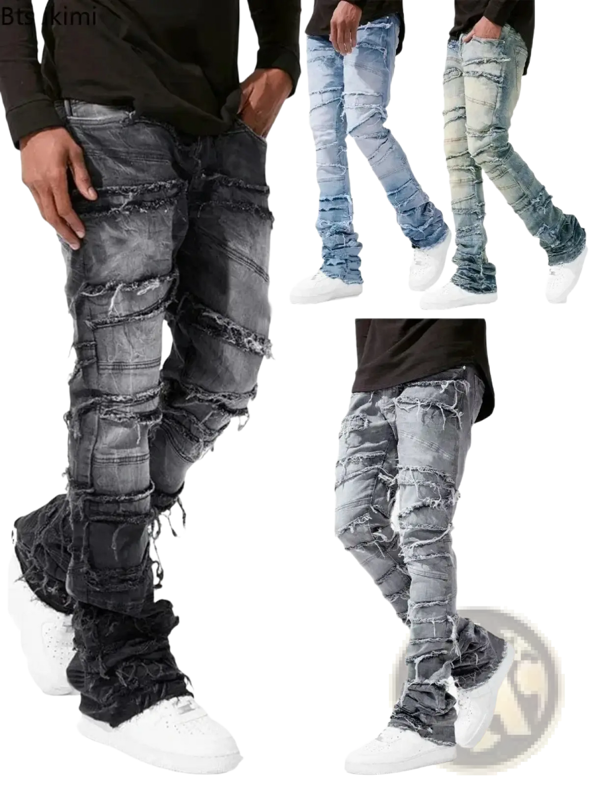 Men’s black distressed denim jeans featuring ripped and frayed details ideal for streetwear fashion