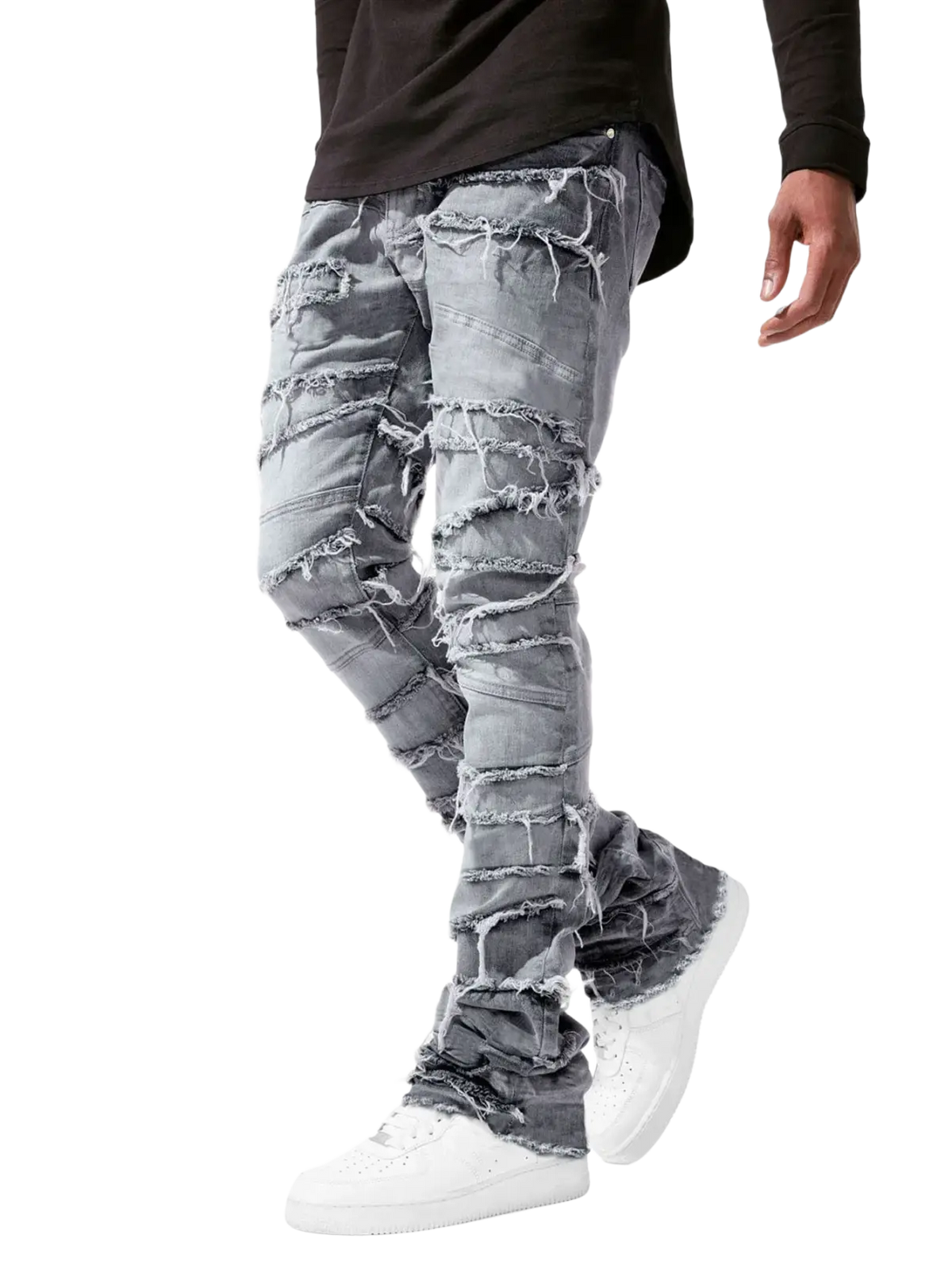 Men’s ripped stacked denim jeans in distressed gray with frayed and ripped sections for streetwear style