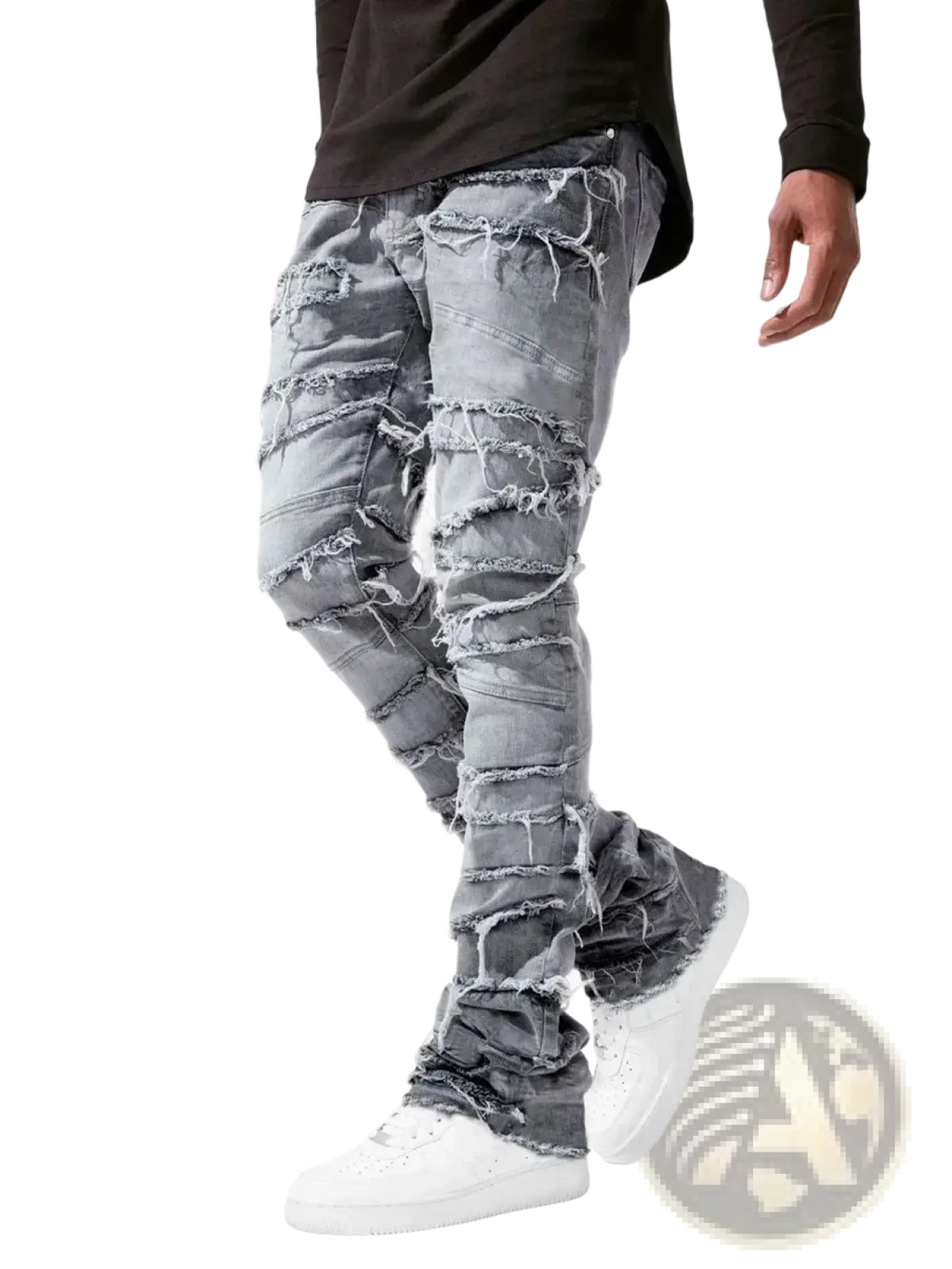 Men’s distressed gray denim jeans with multiple horizontal rips and frayed edges for streetwear style