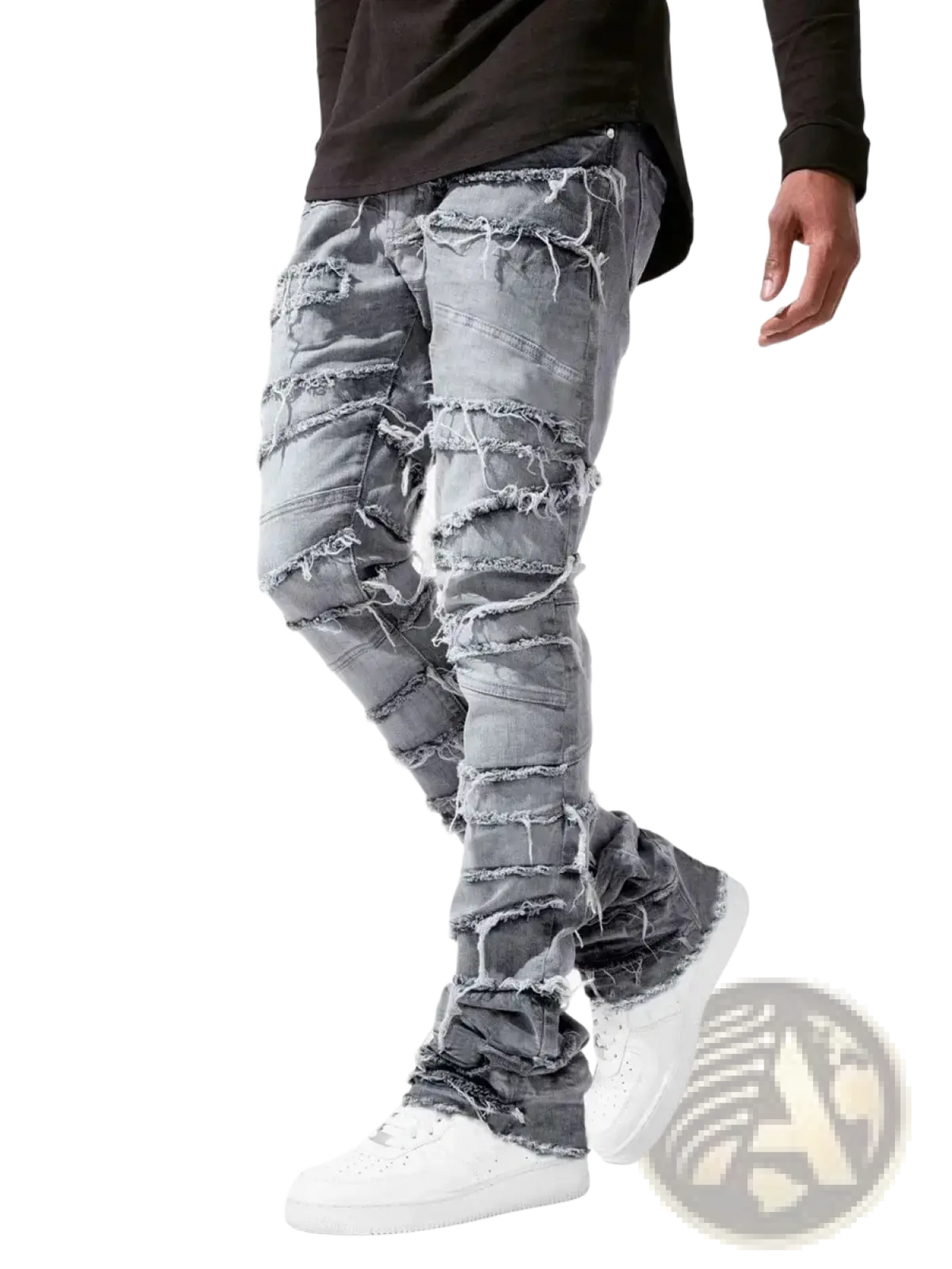 Men’s distressed gray denim jeans with multiple horizontal rips and frayed edges for streetwear style