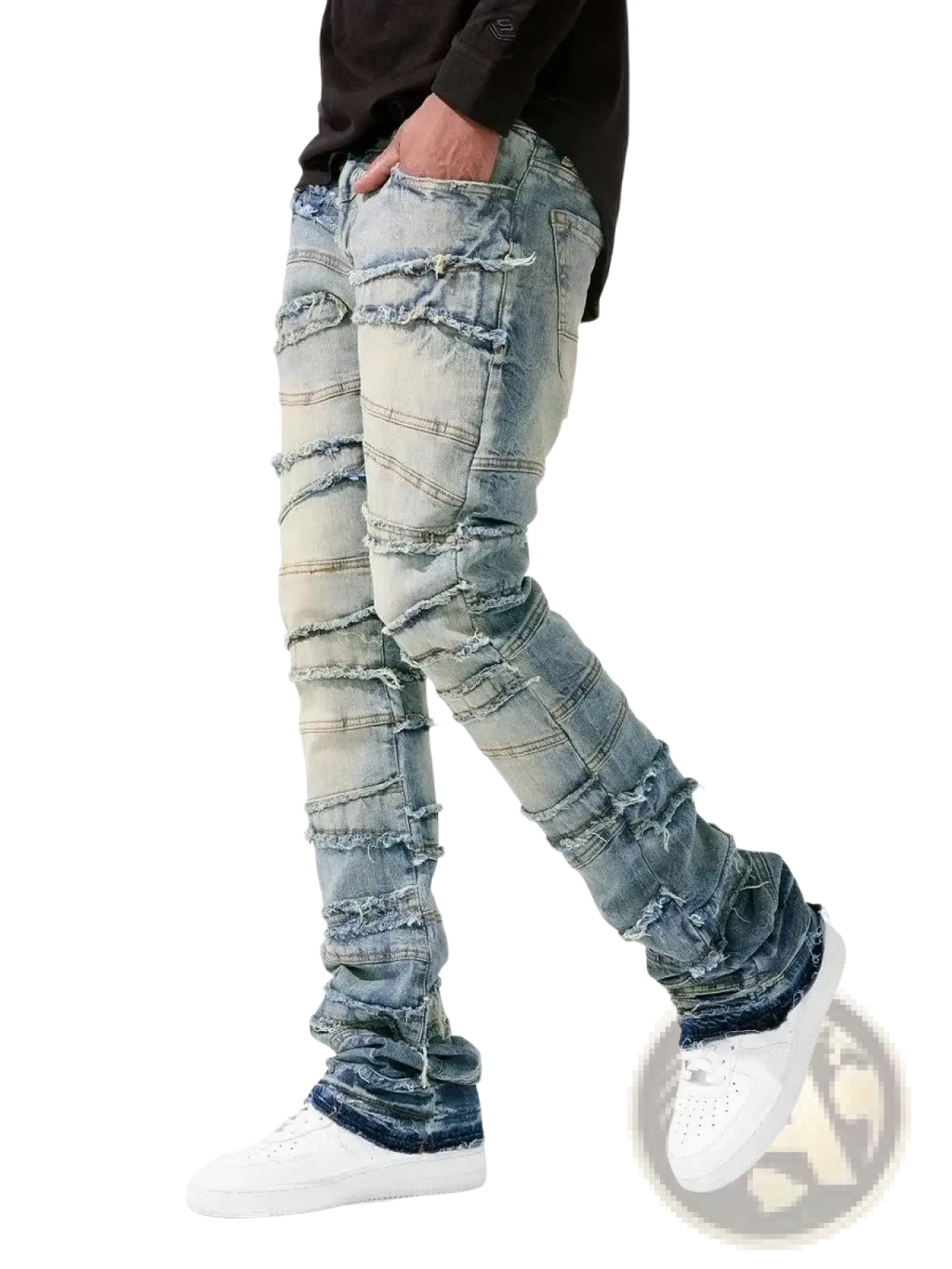 Men’s ripped stacked denim jeans in distressed light-wash with layered frayed patches and slim fit for streetwear use