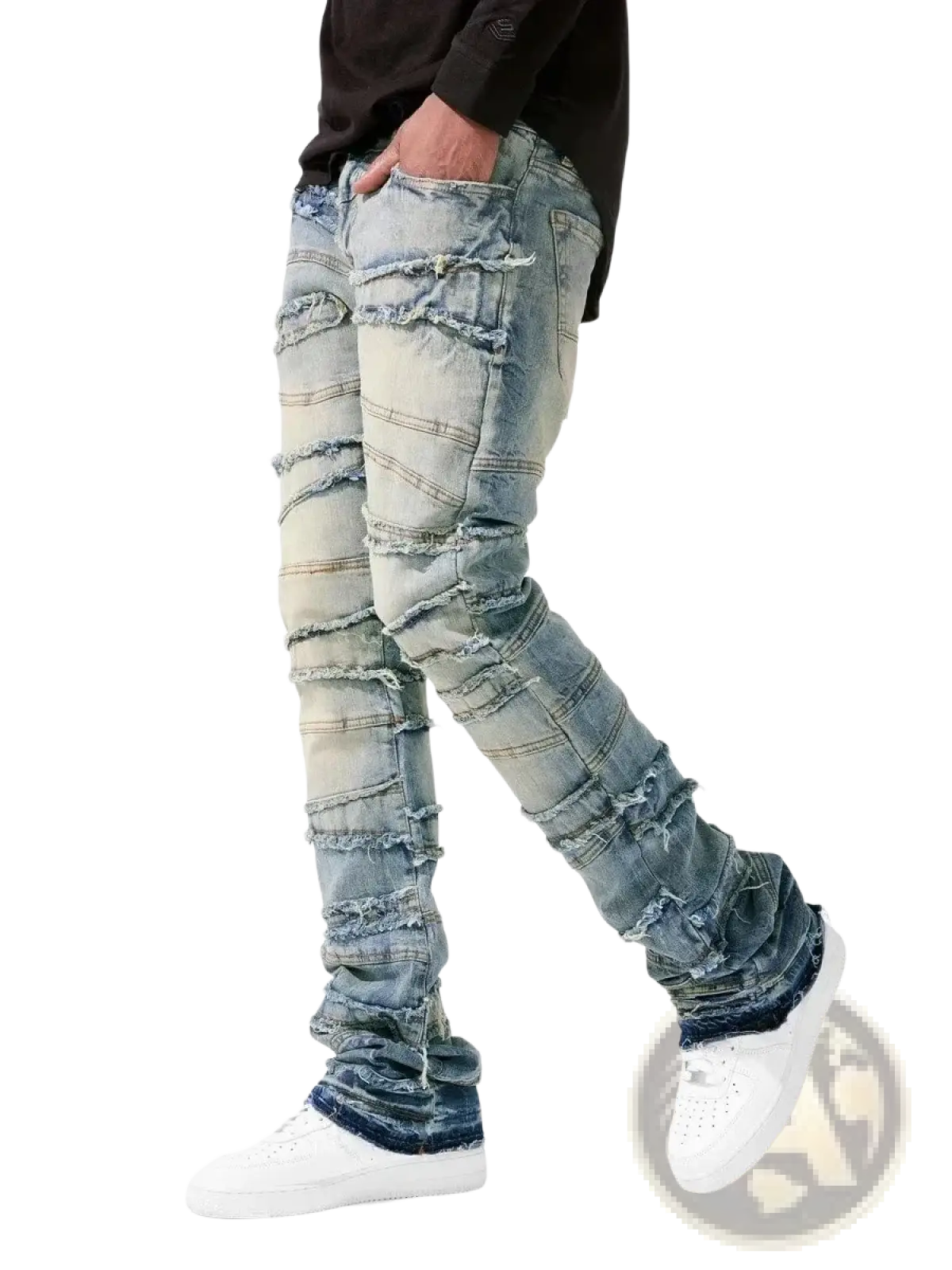 Men’s ripped stacked denim jeans in distressed light-wash with layered frayed patches and slim fit for streetwear use