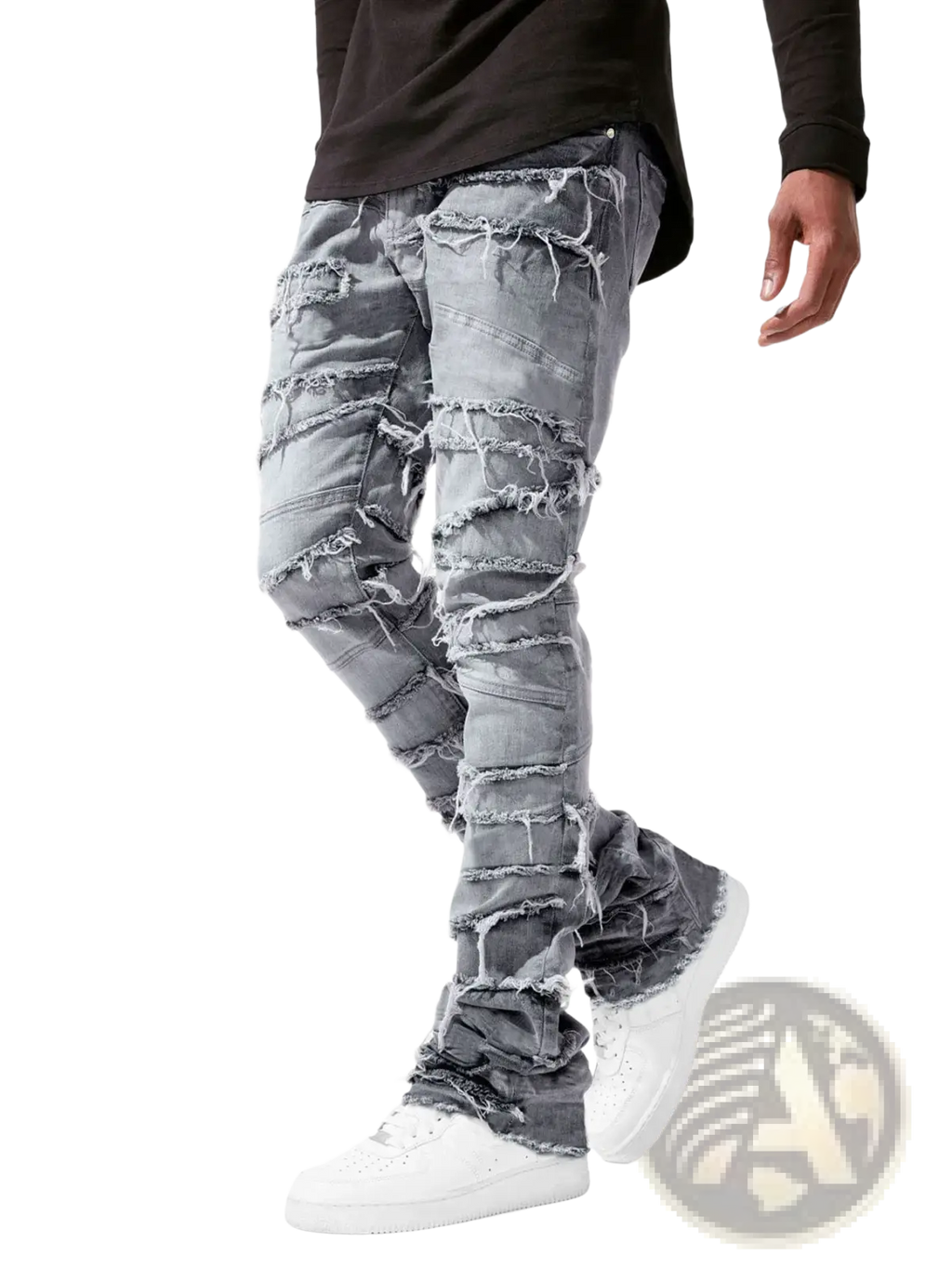 Men’s ripped stacked denim jeans in distressed gray with frayed and ripped sections for streetwear style