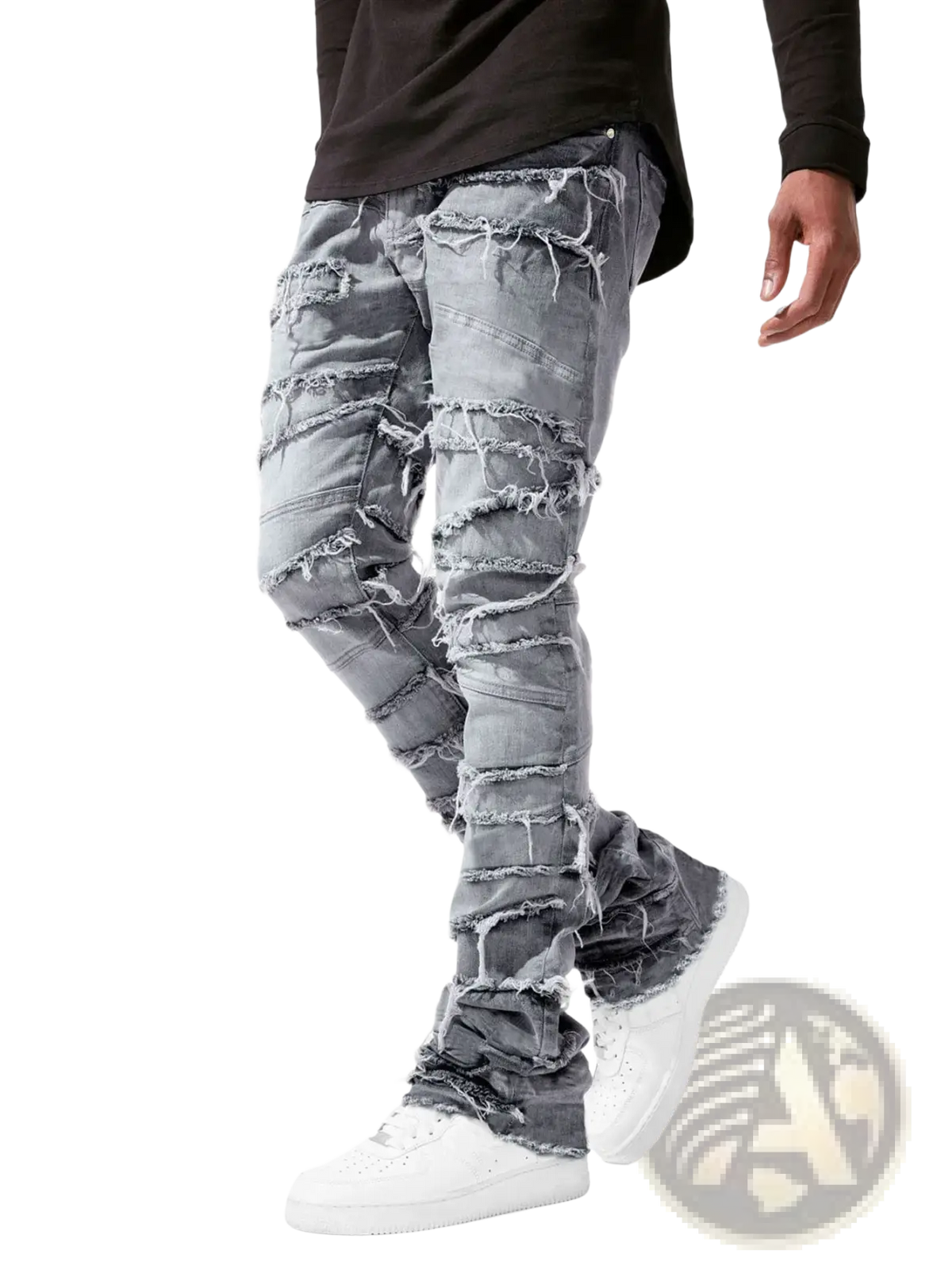 Men’s ripped stacked denim jeans in distressed gray with frayed and ripped sections for streetwear style