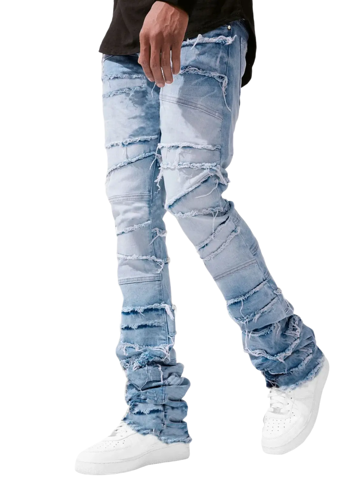 Men’s light-wash denim ripped jeans with distressed and ruched lower leg design for streetwear style