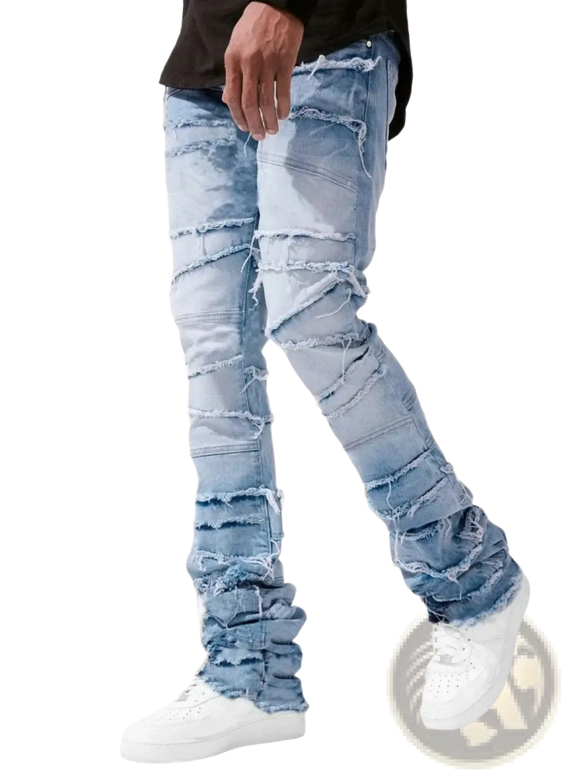 Men’s light-wash denim jeans with ripped distressed detailing and ruched lower leg design for streetwear style