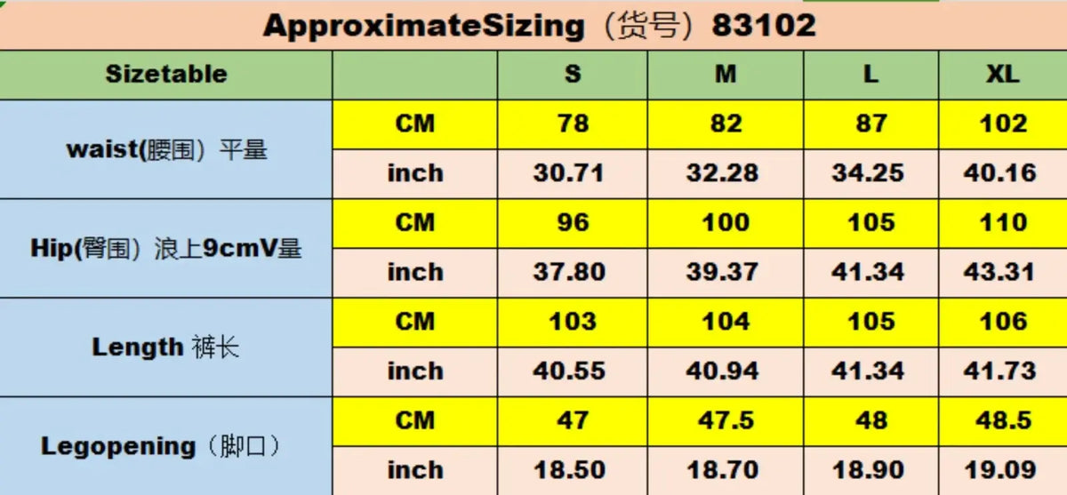 Size chart for men’s ripped stacked denim jeans streetwear showing measurements in centimeters and inches for s to xl