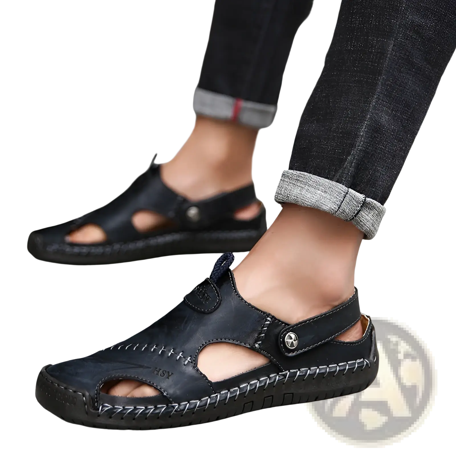 Men’s roman black leather sandals with stitched detailing and buckle strap featuring a rubber sole