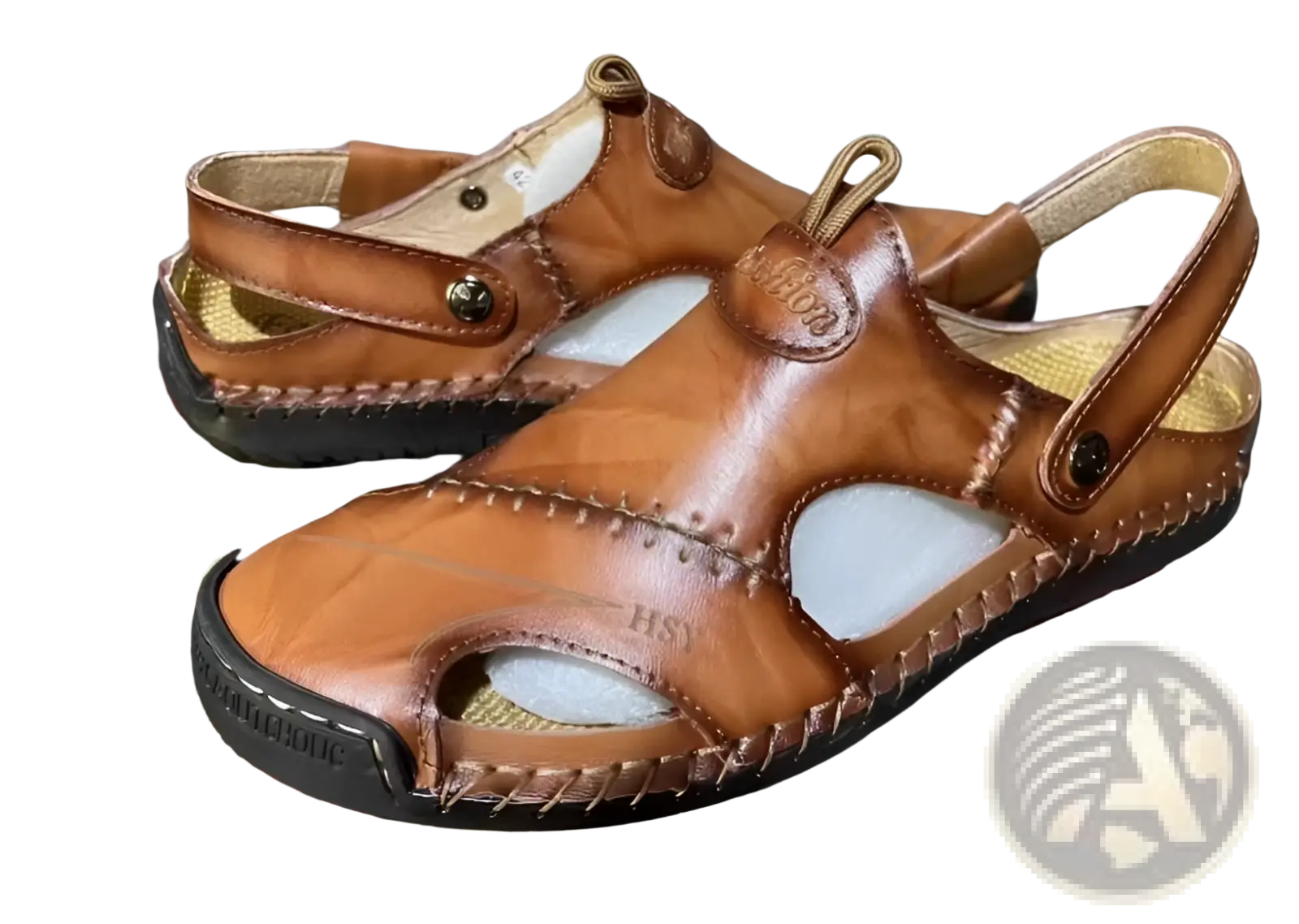 Men’s Roman leather sandals in brown with stitched detailing and a black rubber sole for durable comfort