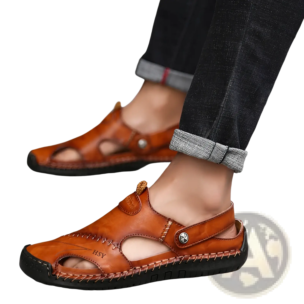 Men’s roman leather sandals in brown with stitched design and black rubber soles for durable outdoor use