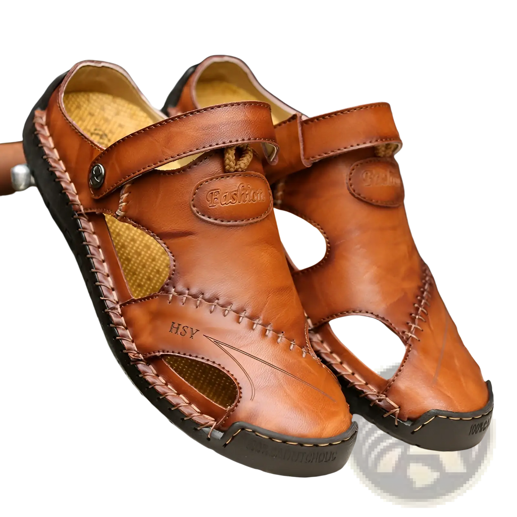 Men’s roman leather sandals in brown with woven strap detail and stitched design on a rubber sole