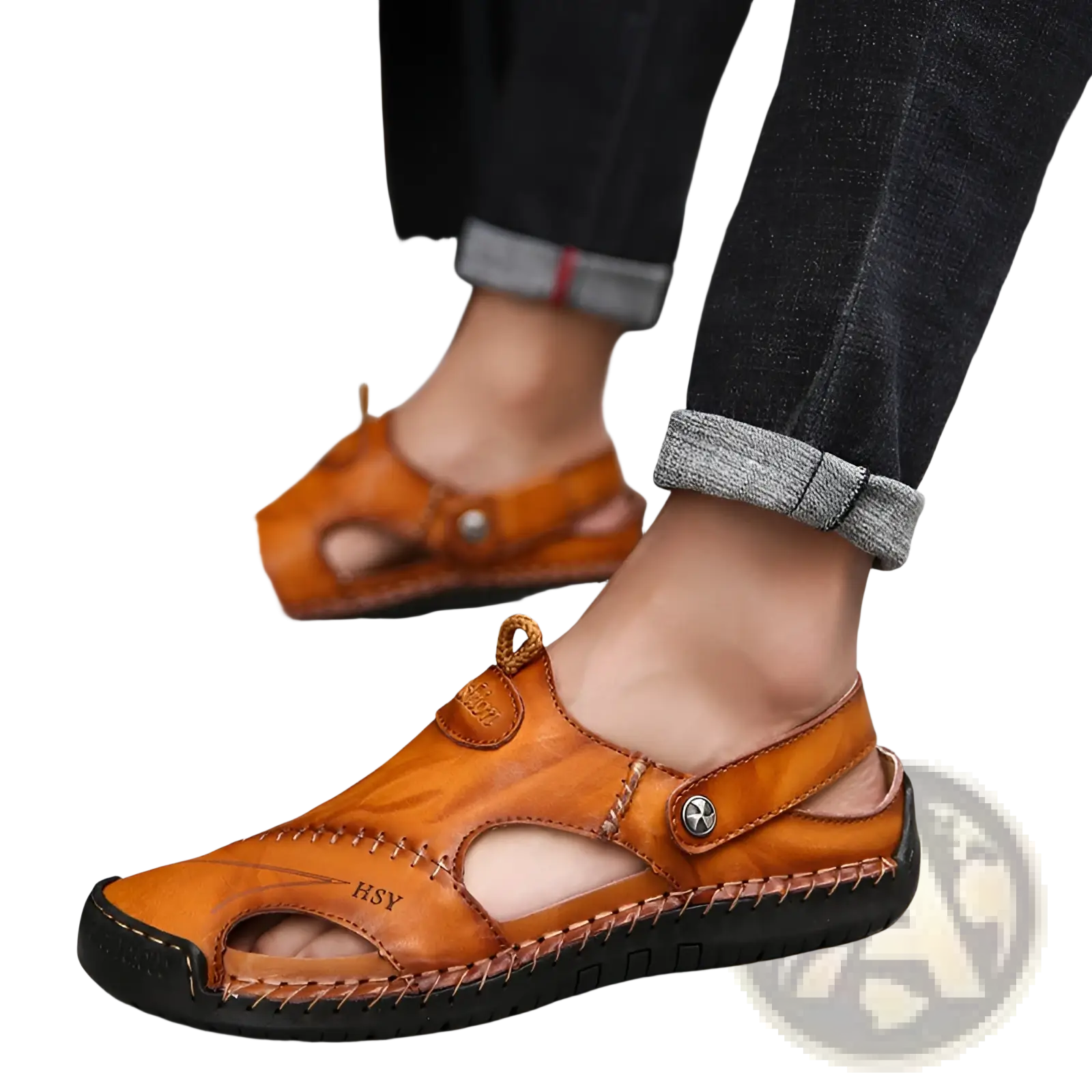 Men’s roman leather sandals in tan with black rubber sole and decorative stitching for casual wear