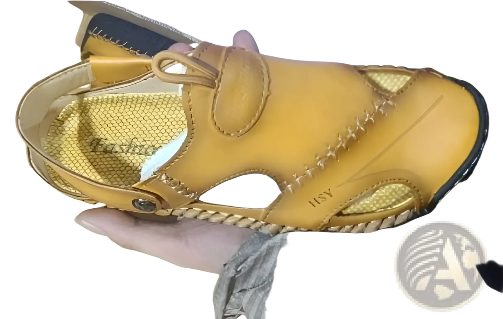 Men’s roman leather sandal in tan featuring woven strap detail and textured insole with rubber sole for durability