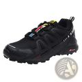 Men’s rugged breathable black Salomon XA 3D trail running shoe with yellow and red accents and rugged outsole