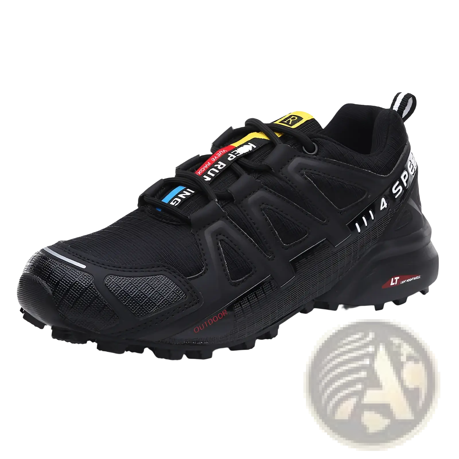 Men’s rugged breathable black Salomon XA 3D trail running shoe with yellow and red accents and rugged outsole