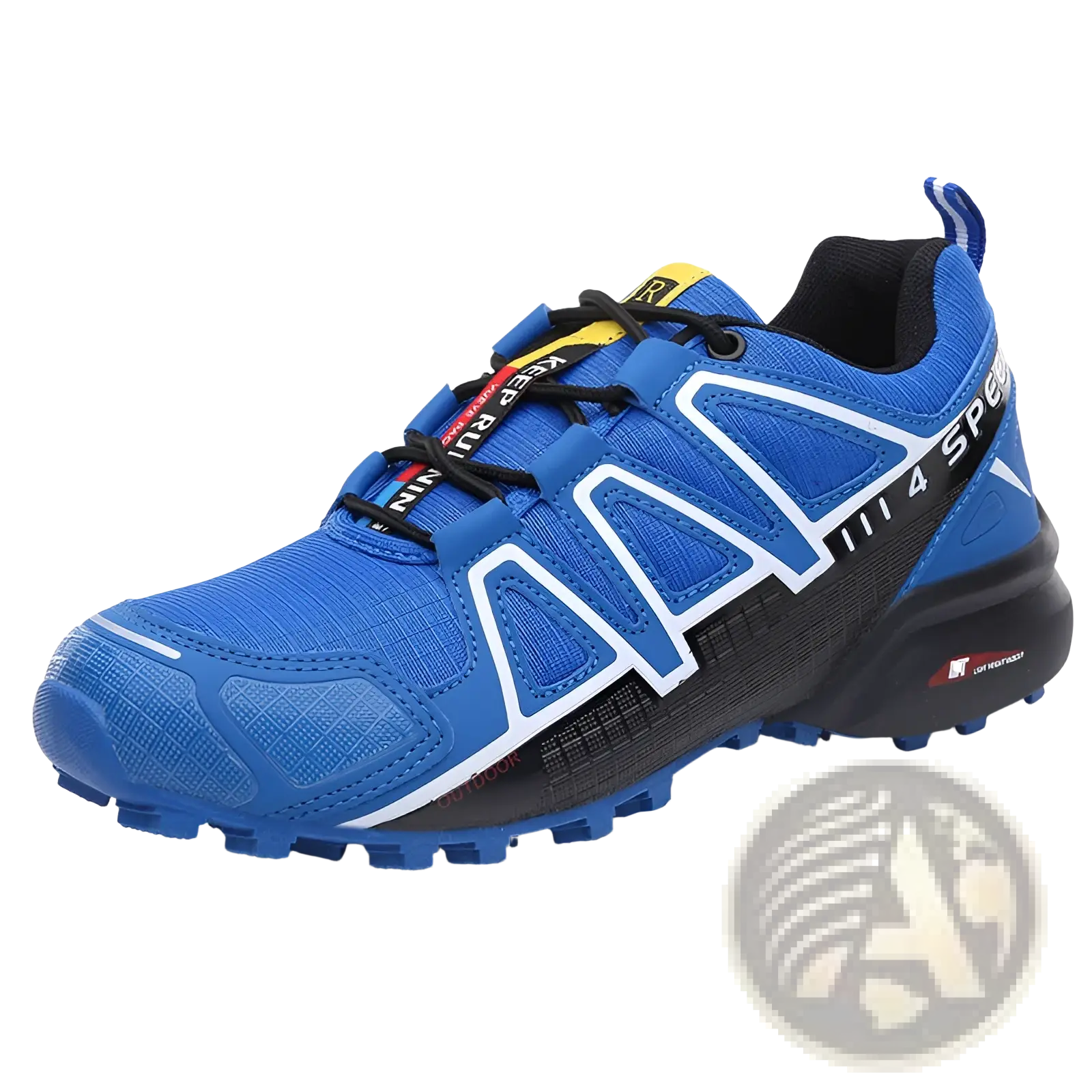 Men’s rugged breathable trail running and hiking shoe blue salomon with white black accents mesh upper and rugged outsole