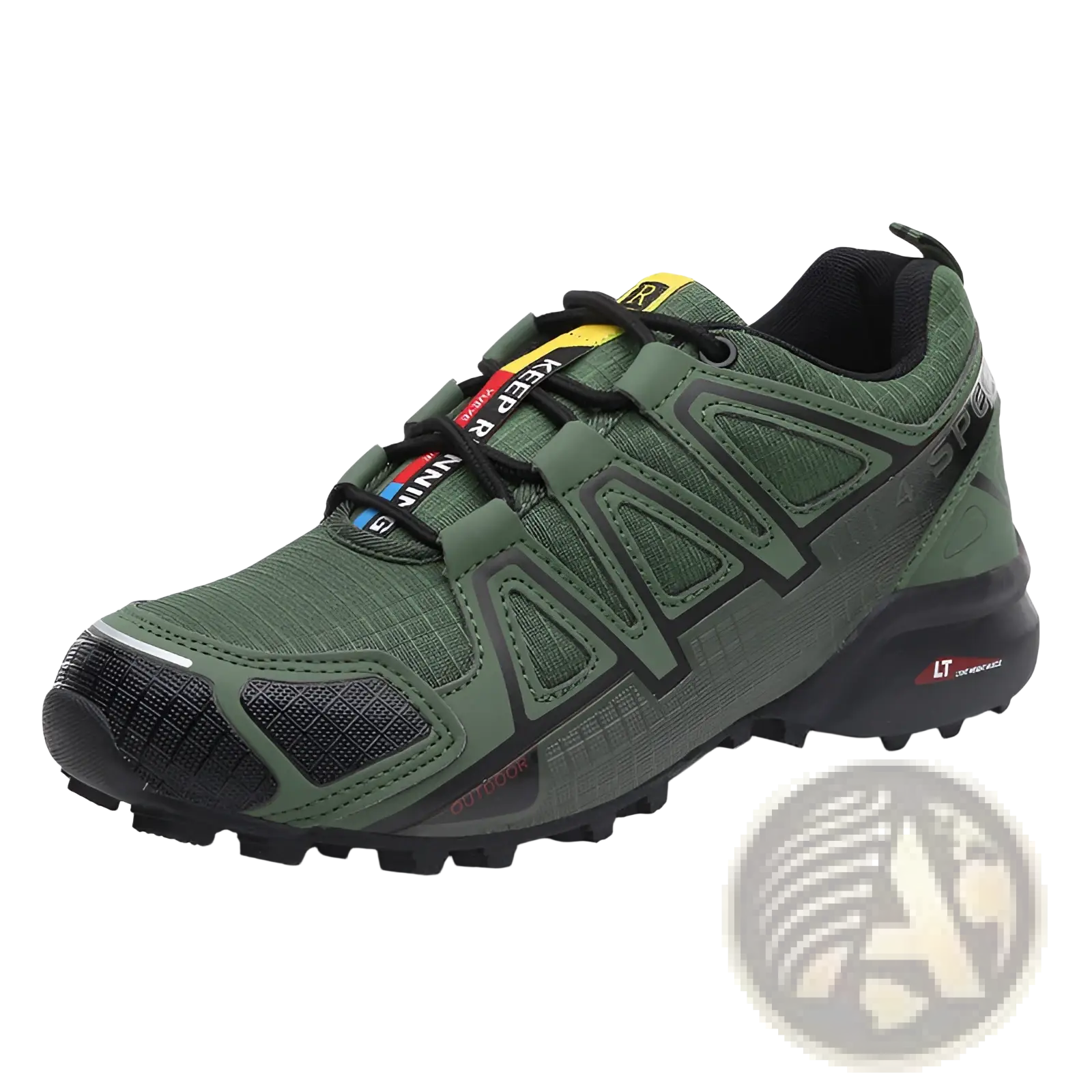 Men’s olive green Salomon trail running shoe with black accents and rugged breathable outsole for hiking and trail use