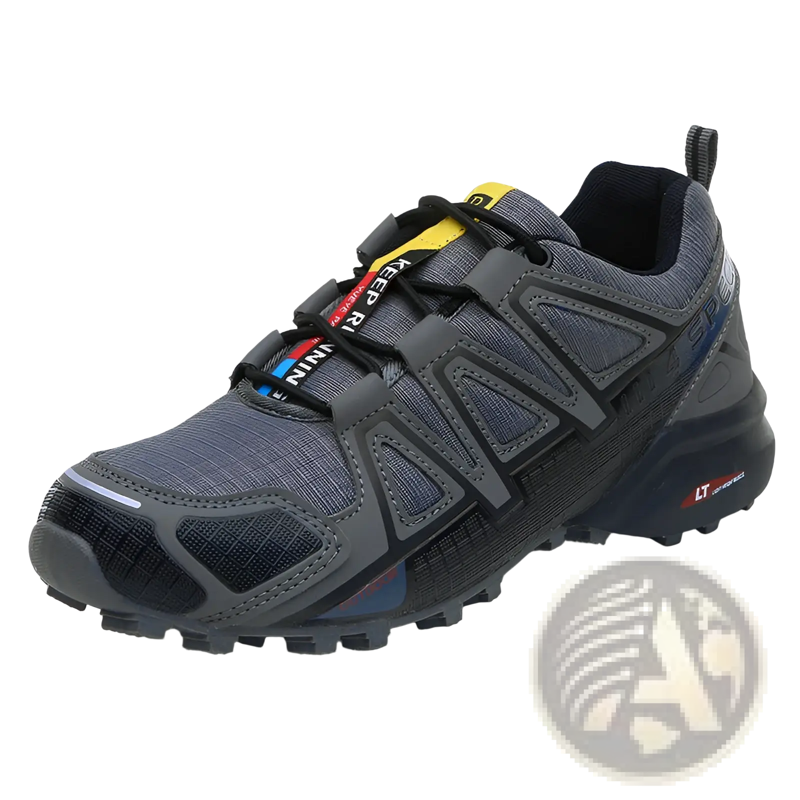 Men’s rugged breathable Salomon trail running and hiking shoe in gray and black with yellow laces and a textured mesh upper
