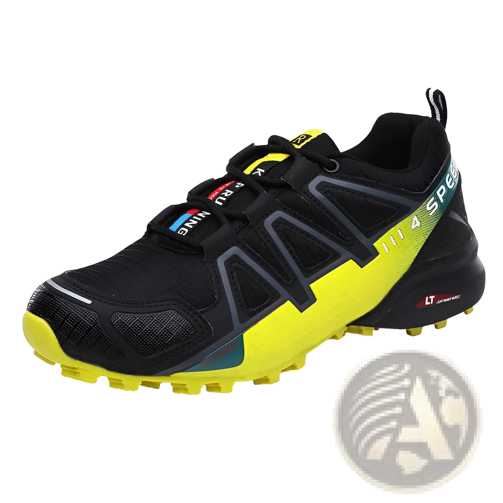 Men’s rugged breathable Salomon XA 4 speed trail running and hiking shoe in black neon yellow with gray accents