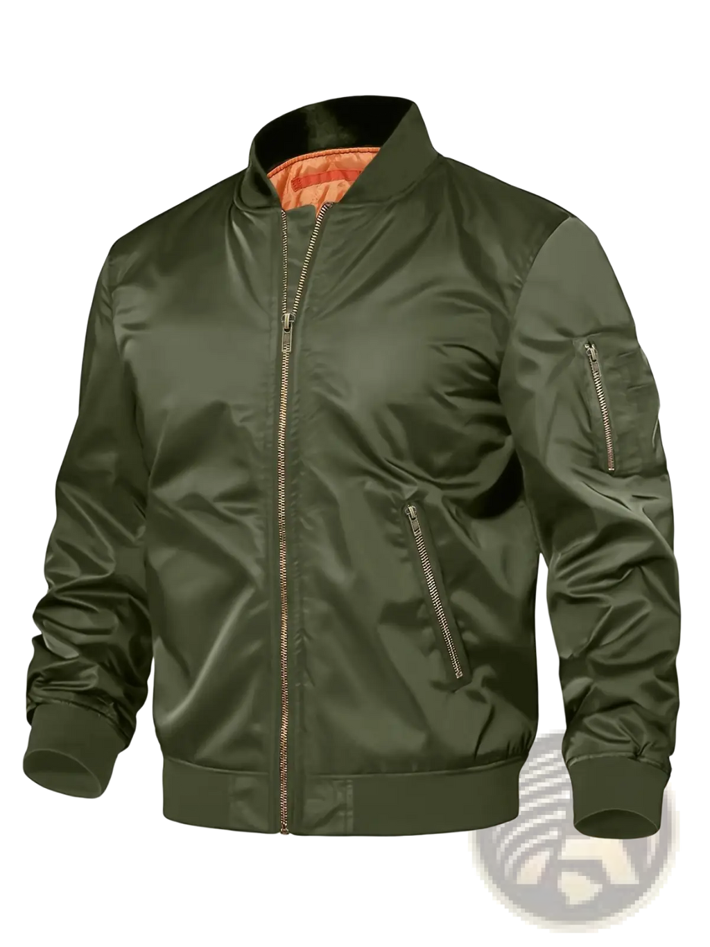 Men’s satin bomber jacket in olive green with orange contrast lining and silver zippers for stylish outerwear