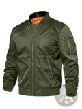 Men’s satin bomber jacket in olive green with orange contrast lining and silver zippers for stylish outerwear