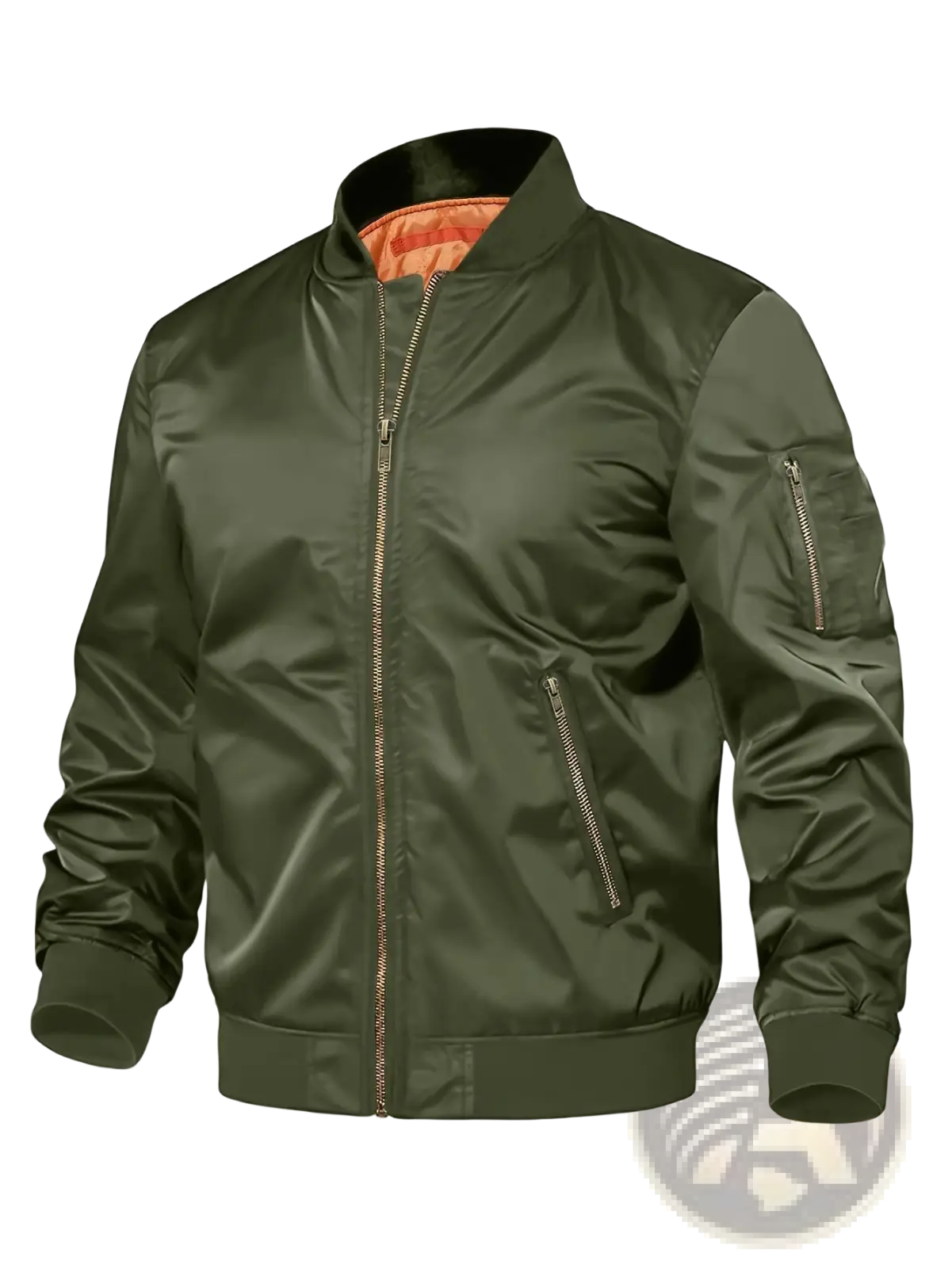 Men’s satin bomber jacket in olive green with orange contrast lining and silver zippers for stylish outerwear