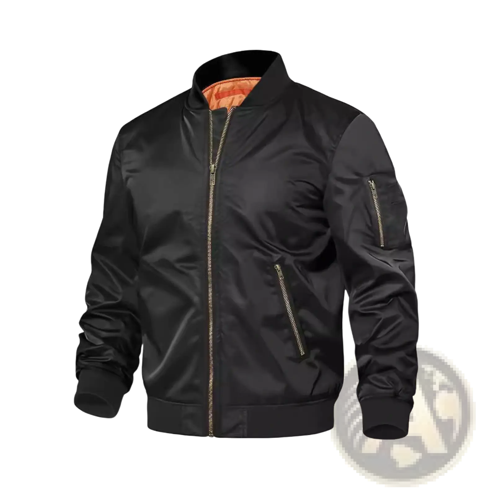 Men’s black satin bomber jacket with orange contrast lining and gold-toned zippers for stylish casual wear