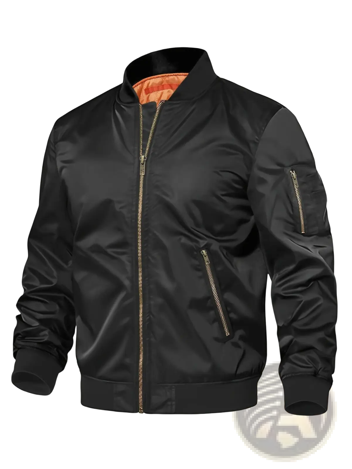Men’s black satin bomber jacket with gold-toned zippers and vibrant orange contrast lining interior