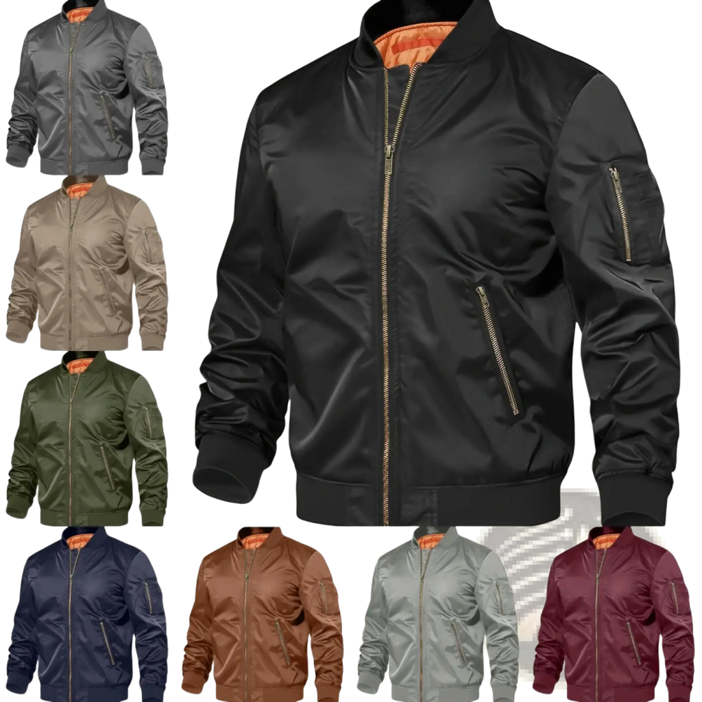 Men’s satin bomber jacket in black with orange contrast lining and gold toned zipper for stylish outerwear