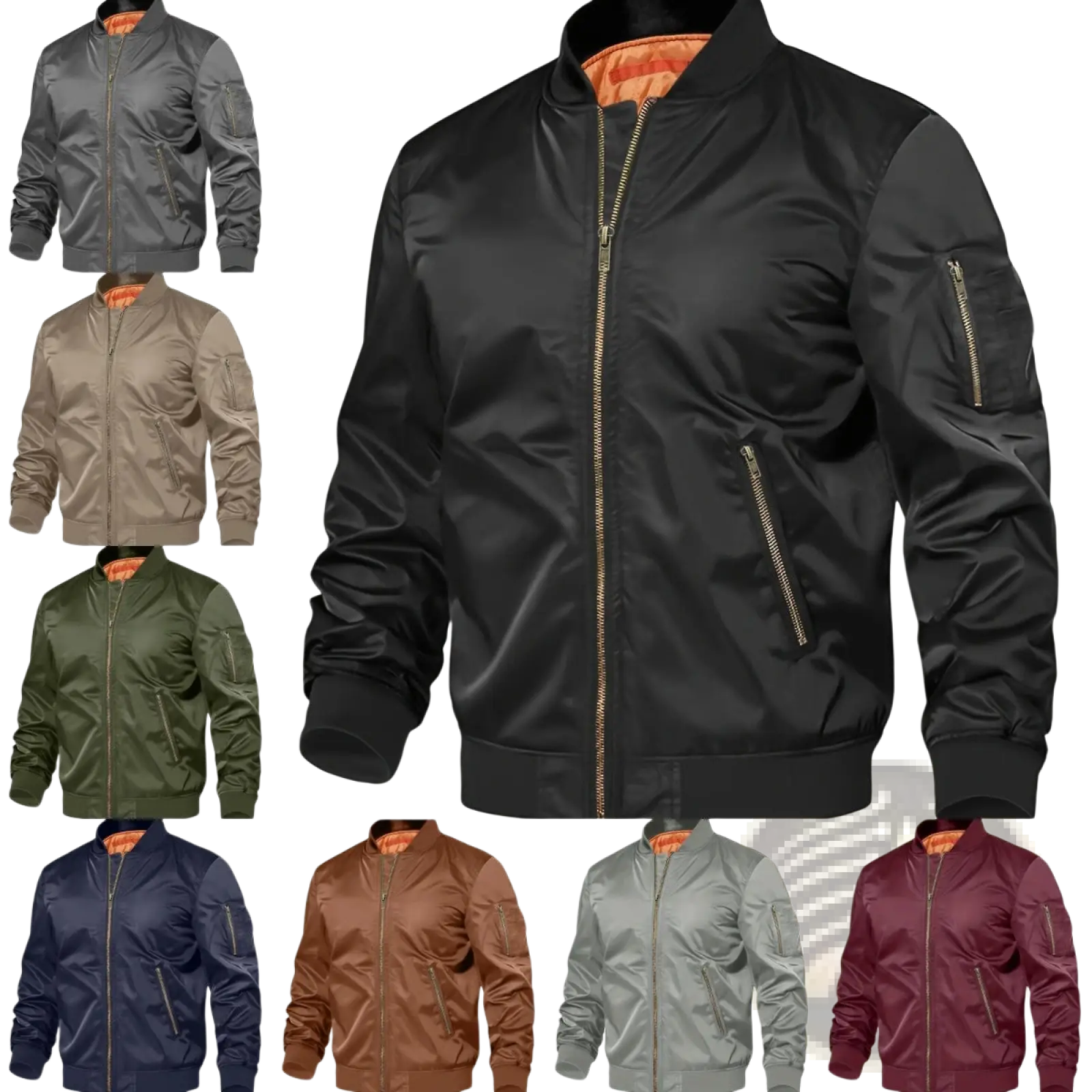 Men’s satin bomber jacket in black with orange contrast lining and gold toned zipper for stylish outerwear
