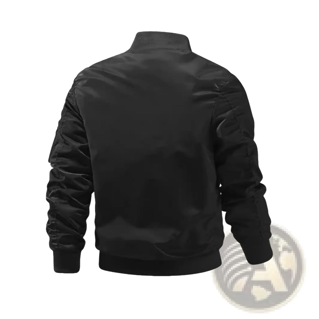 Men’s black satin bomber jacket with ribbed cuffs and hem featuring a matte finish and subtle sheen