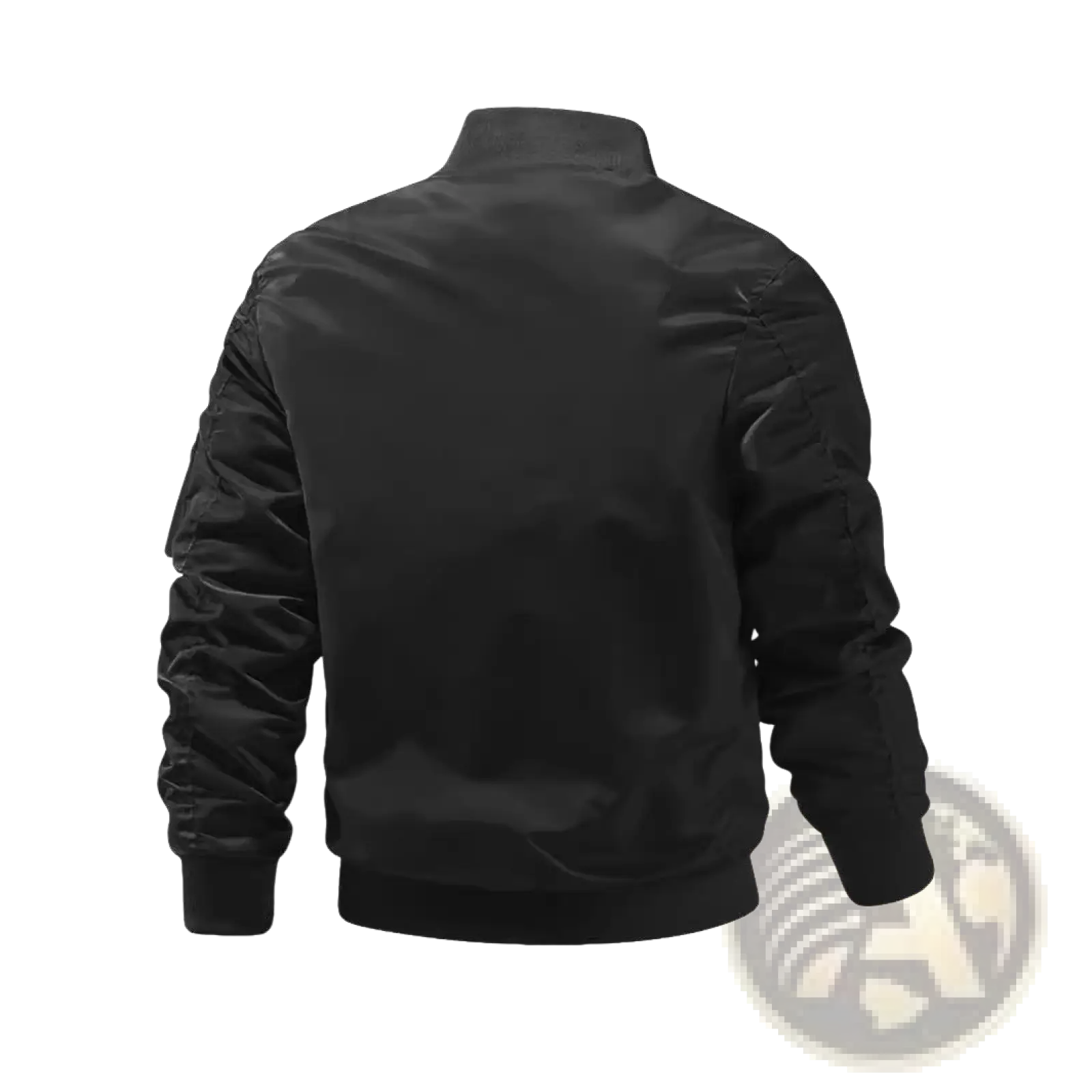 Men’s black satin bomber jacket with ribbed cuffs and hem featuring a matte finish and subtle sheen