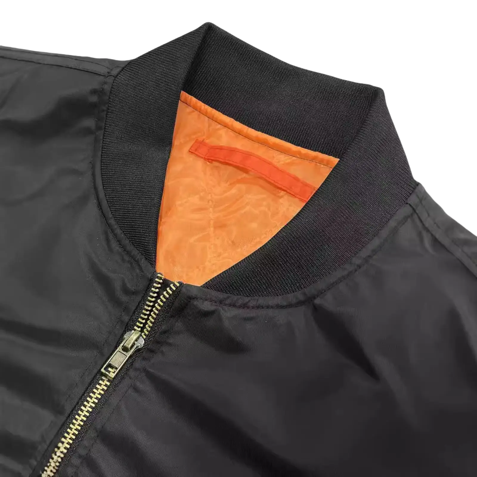 Men’s satin bomber jacket in black with vibrant orange contrast lining and gold toned zipper for stylish outerwear