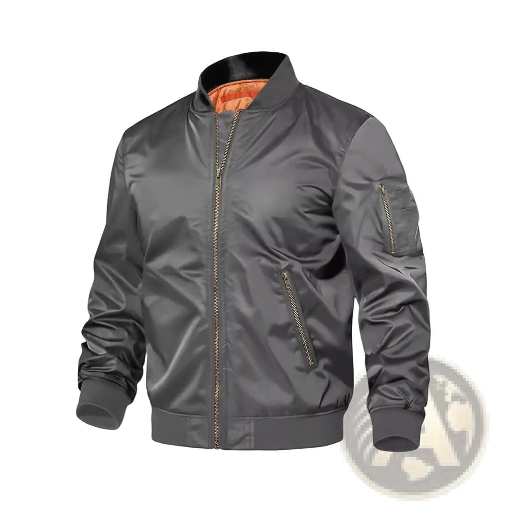 Men’s dark gray satin bomber jacket with orange contrast lining and gold toned zippers for stylish outerwear