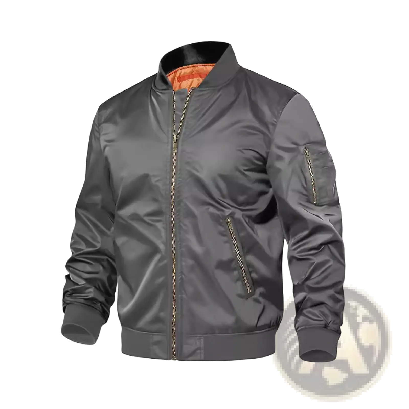 Men’s dark gray satin bomber jacket with orange contrast lining and gold toned zippers for stylish outerwear