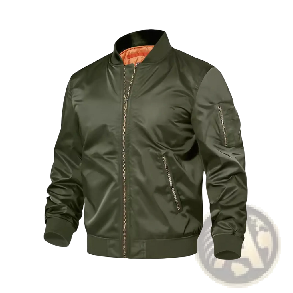 Men’s olive green satin bomber jacket with orange contrast lining and silver zippers for stylish outerwear