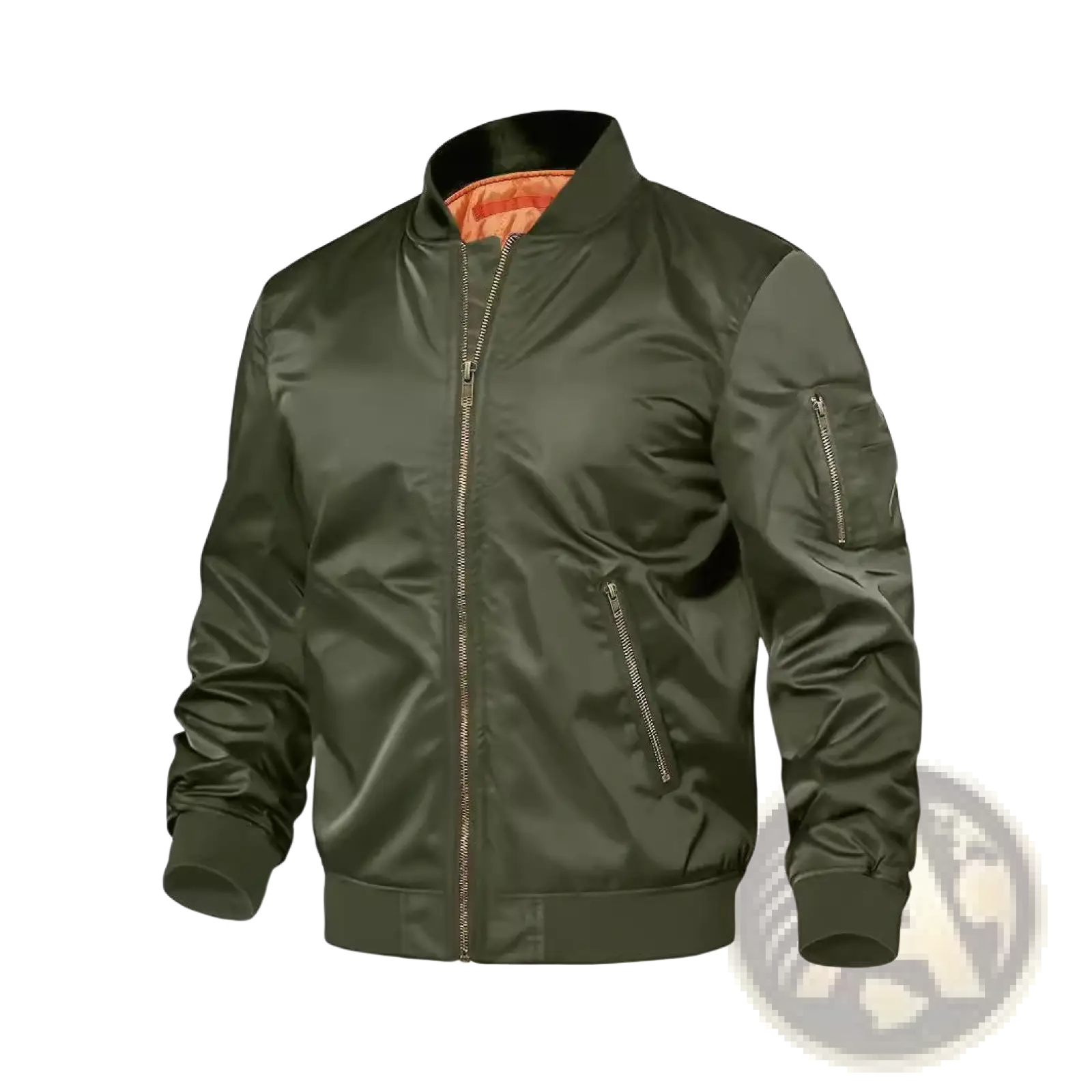 Men’s olive green satin bomber jacket with orange contrast lining and silver zippers for stylish outerwear